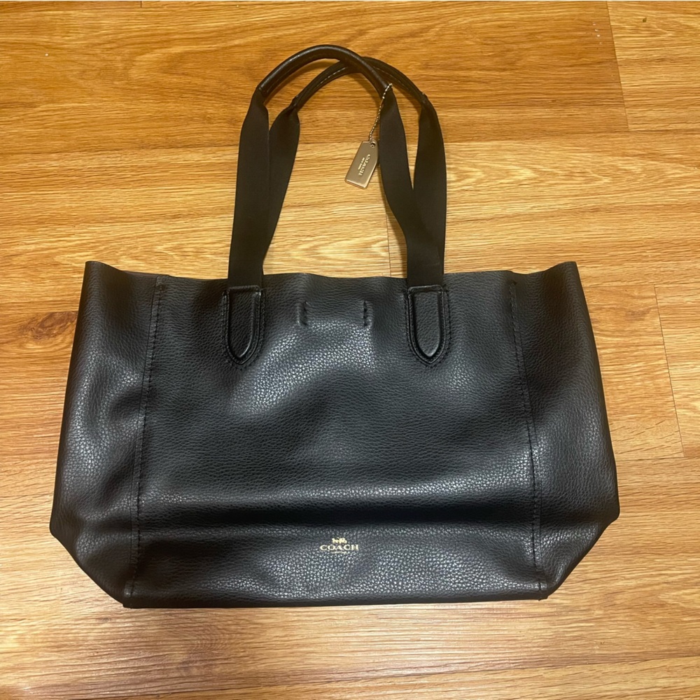 Coach Leather Derby Tote in Black Pebble, Dark Gray Interior, F58660